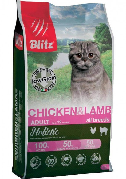 Низкозерновой корм Blitz Adult Cat Chicken & Lamb для взрослых кошек  (курица и ягненок)
