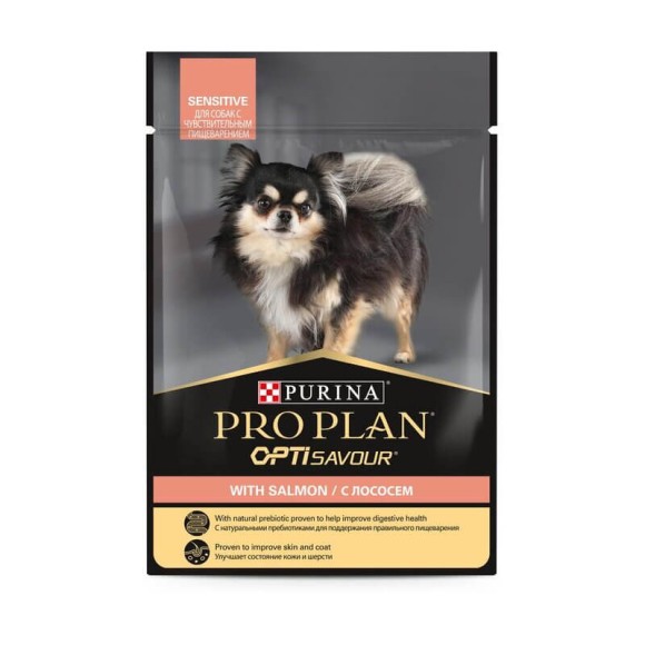 Паучи Purina Pro Plan Opti Savour для взрослых собак мелких пород с чувствительным пищеварением, с лососем в соусе 85 г (26 шт)