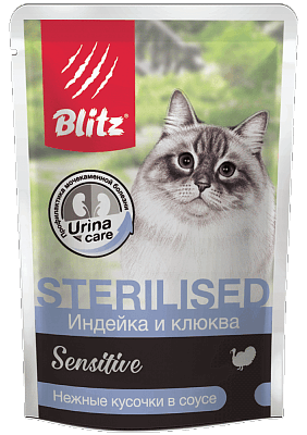 Консервы-паучи Blitz Sterilised для стерилизованных кошек нежные кусочки в соусе индейка и клюква (24 шт)