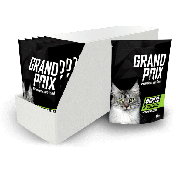 Консервы Grand Prix для кошек кусочки в соусе (форель и фасоль) 24 шт