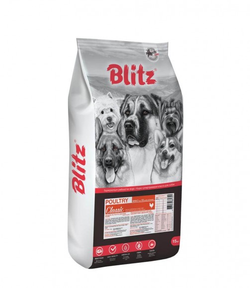 Корм Blitz Classic с домашней птицей для взрослых собак всех пород