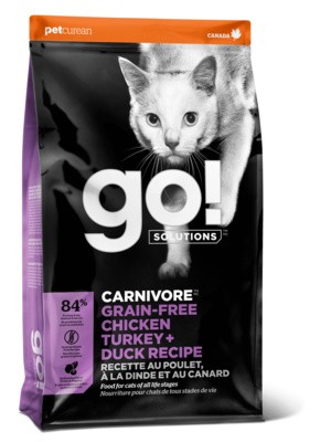 Корм GO! Carnivore GF Chicken, Turkey + Duck Recipe беззерновой для котят и кошек 4 вида мяса (курица, индейка, утка и лосось)