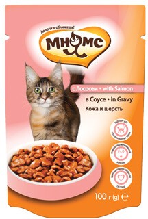 Паучи Мнямс для кошек Кожа и шерсть с лососем соусе (24 шт)