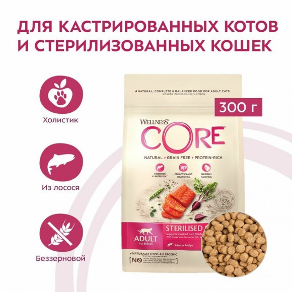 Корм Wellness Core Grain Free Sterilised для стерилизованных кошек и котов (лосось)