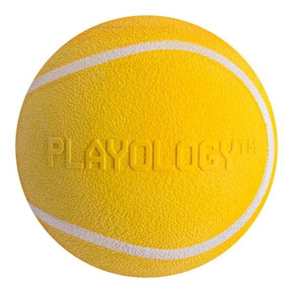 Жевательный мяч Playology Squeaky Chew Ball для собак средних и крупных пород с пищалкой и с ароматом курицы, желтый, 8 см