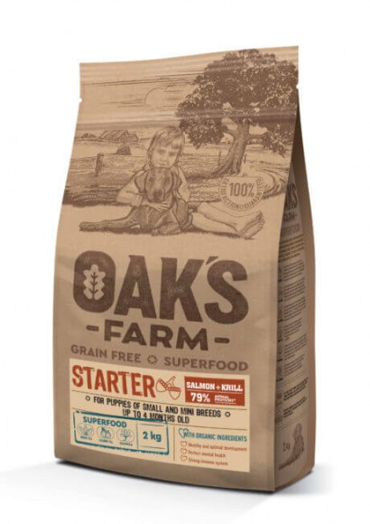 Корм Oak's Farm Grain Free Salmon with Krill для щенков до 4 месяцев мелких и карликовых пород (лосось и криль)