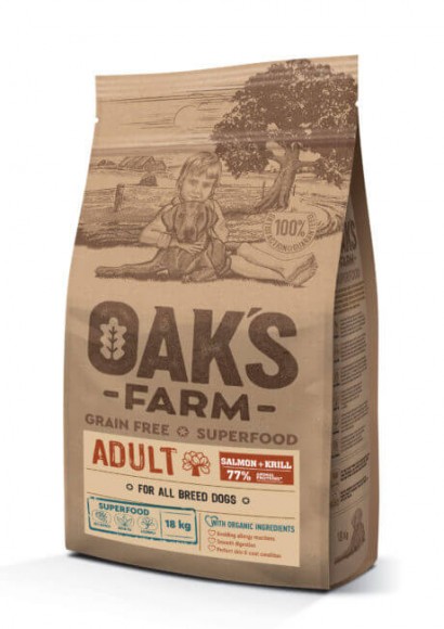 Корм Oak's Farm Grain Free Salmon with Krill Adult All Breeds для взрослых собак всех пород (лосось и криль)