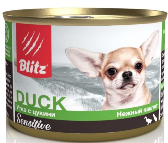Консервы Blitz Sensitive для собак мелких пород всех возрастов (утка с цукини)