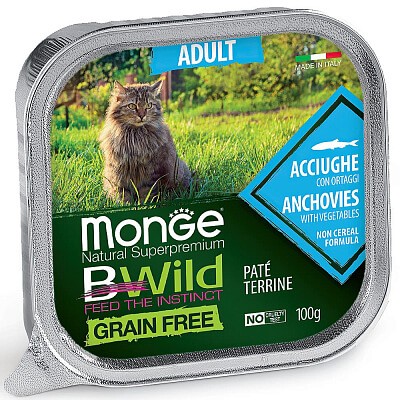 Консервы беззерновые Monge Cat BWild Grain Ffree из анчоусов с овощами для взрослых кошек 100 г 32 шт 