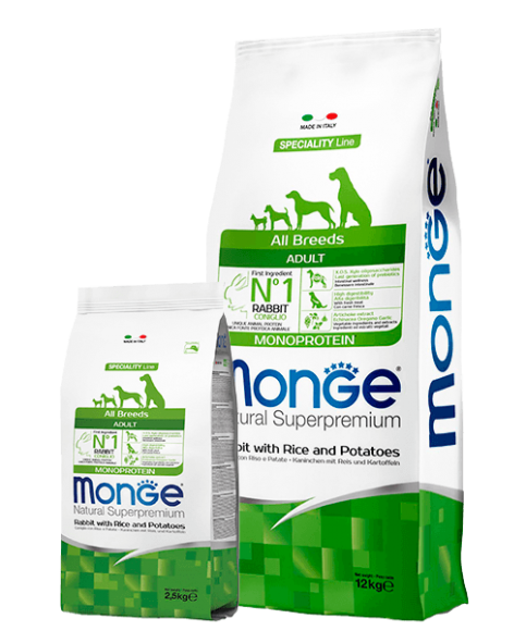 Корм Monge Dog Speciality Line Monoprotein для взрослых собак всех пород (с кроликом с рисом и картофелем)