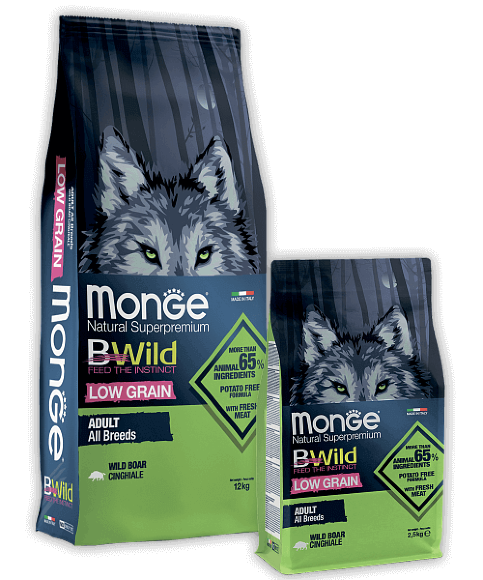 Корм низкозерновой Monge BWild Dog Adult для взрослых собак всех пород (с мясом дикого кабана)