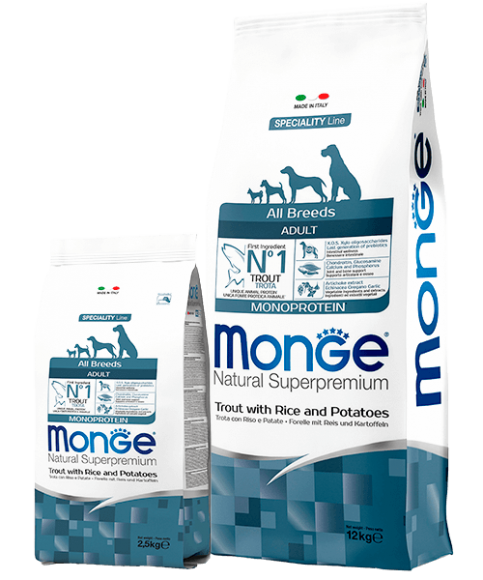 Корм Monge Dog Speciality Line Monoprotein для взрослых собак всех пород (форель с рисом и картофелем)