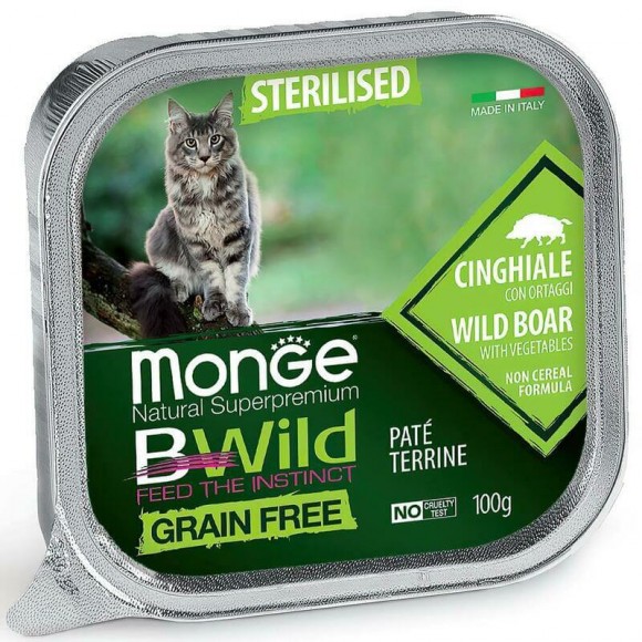 Консервы беззерновые Monge Cat BWild Grain Ffree для стерилизованных кошек из мяса кабана 100 г 32 шт