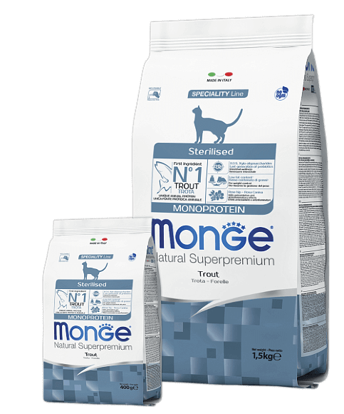 Корм Monge Cat Monoprotein Sterilised Trout для стерилизованных кошек с форелью