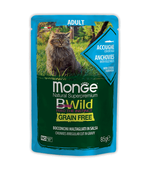 Паучи Monge Cat BWild Grain Free из анчоусов с овощами для взрослых кошек 28 шт.