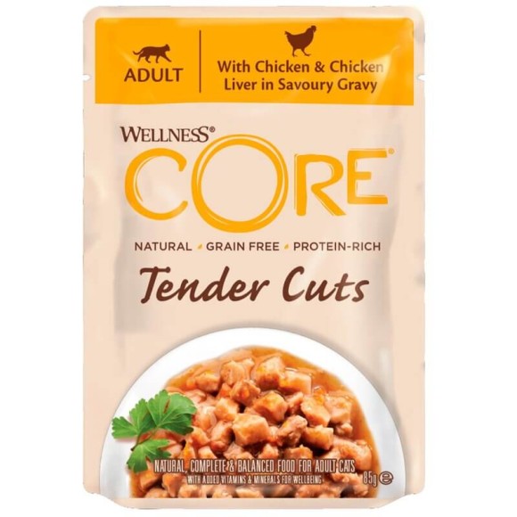 Консервы для кошек Core Tender Cuts из курицы с куриной печенью нарезка в соусе 24 шт