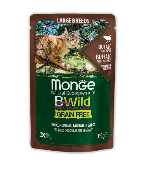 Паучи Monge Cat BWild Grain Free из мяса буйвола с овощами для кошек крупных пород 28 шт.