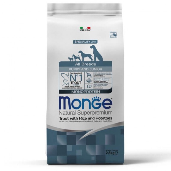 Сухой корм Monge Dog Speciality Line Monoprotein для щенков всех пород форель с рисом и картофелем
