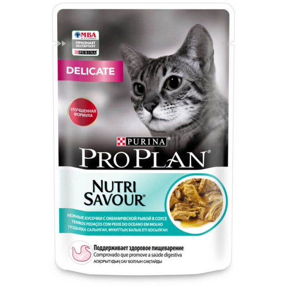 Паучи Purina Pro Plan Nutri Savour Delicate для взрослых кошек с чувствительным пищеварением, с океанической рыбой в соусе 85 г (26 шт.)