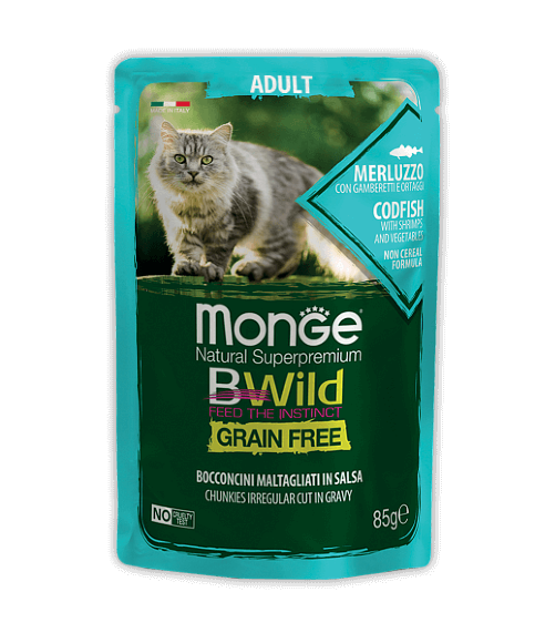 Паучи Monge Cat BWild Grain Free для взрослых кошек (треска с креветками и овощами) 28 шт.