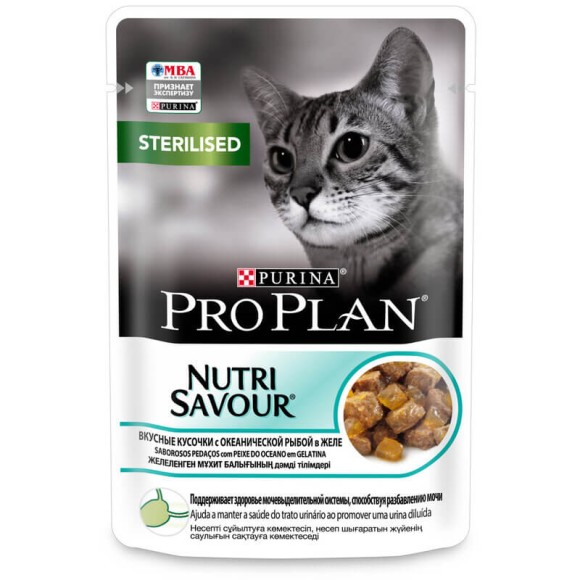 Паучи Purina Pro Plan Nutri Savour Sterilised для взрослых стерилизованных кошек и котов, кусочки с океанической рыбой в желе 85 г (26 шт.)