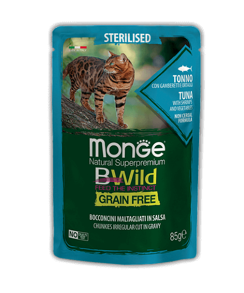 Паучи Monge Cat BWild Grain Free для стерилизованных кошек (тунец с креветками и овощами) 28 шт.