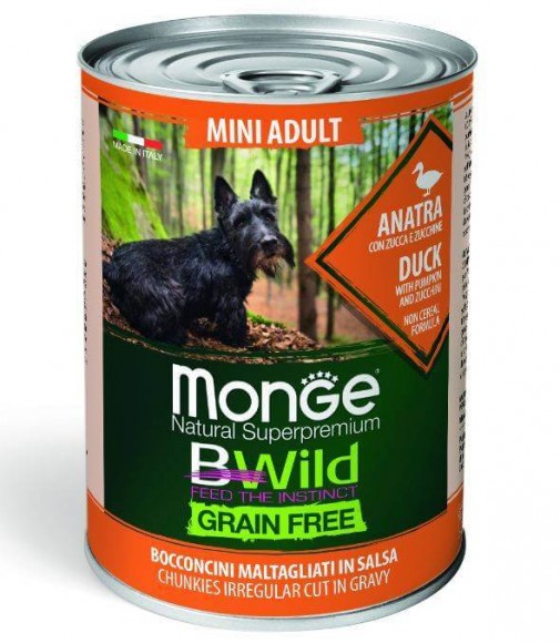Консервы беззерновые Monge BWild Grain Free для собак малых пород (утка с тыквой и кабачками) 24 шт 