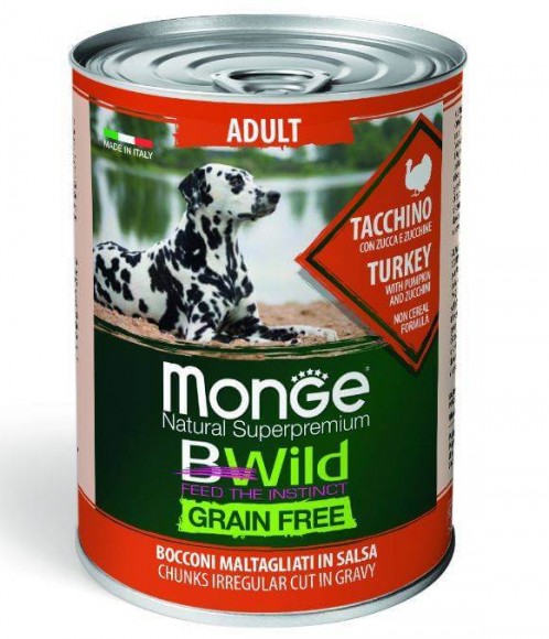 Консервы беззерновые Monge BWild Grain Free для собак всех пород (индейка с тыквой и кабачками) 24 шт