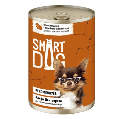 Консервы Smart Dog для взрослых собак и щенков кусочки индейки с перепелкой в нежном соусе, 400г (9 шт)