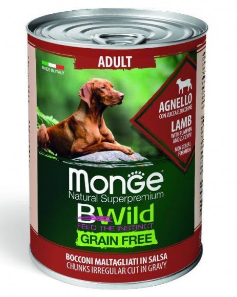 Консервы беззерновые Monge BWild Grain Free для собак всех пород (ягненок с тыквой и кабачками) 24 шт