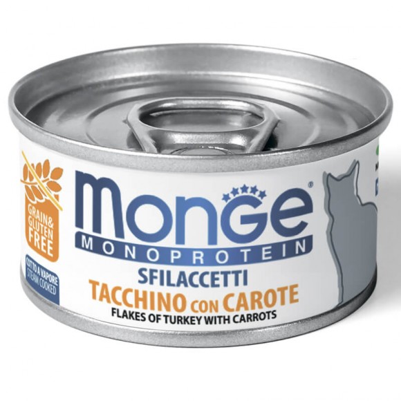 Консервы для кошек Monge Cat Monoprotein мясные хлопья из индейки с морковью 24 шт