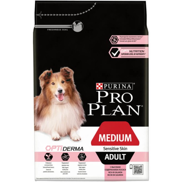 Сухой корм Purina Pro Plan Opti Derma для взрослых собак средних пород с чувствительной кожей, лосось