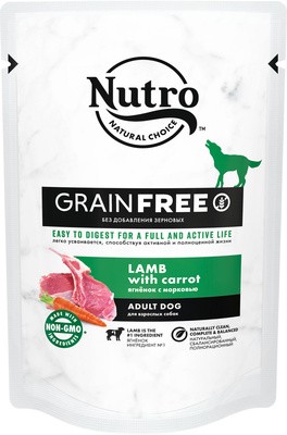 Влажный корм Nutro для взрослых собак всех пород с ягнёнком и морковью (пауч) 24шт