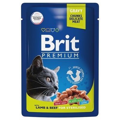Паучи Brit для взрослых кошек с ягненком и говядиной в соусе 14 шт