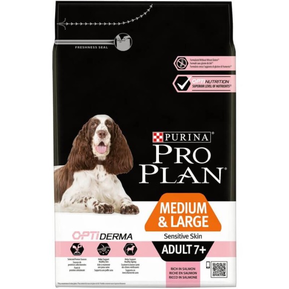 Сухой корм Purina Pro Plan Opti Derma для пожилых собак средних и крупных пород с чувствительной кожей, лосось