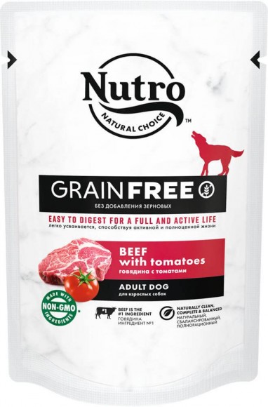 Влажный корм Nutro для взрослых собак всех пород говядина с томатами (пауч) 24шт