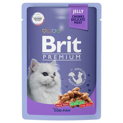Паучи Brit для взрослых кошек с треской в желе 14 шт