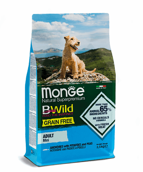 Корм Monge Dog BWild Grain Free Mini для собак мелких пород беззерновой из анчоуса с картофелем