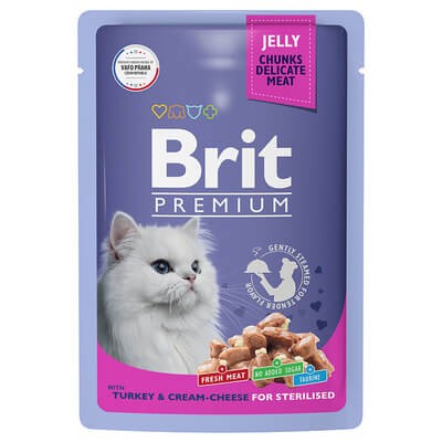Паучи Brit для взрослых стерилизованных кошек с индейкой и сыром в желе 14 шт