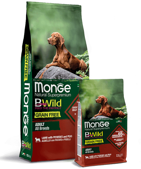 Корм Monge Dog BWild Grain Free для собак беззерновой из мяса ягненка с картофелем и горохом