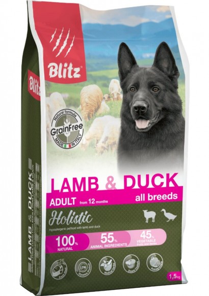 Корм Blitz Holistic Adult Lamb & Duck беззерновой для взрослых собак (ягненок и утка)