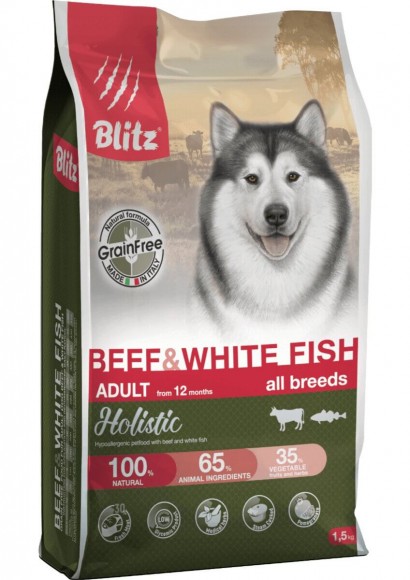 Корм Blitz Holistic Adult Beef & White Fish беззерновой для взрослых собак (с говядиной и белой рыбой)
