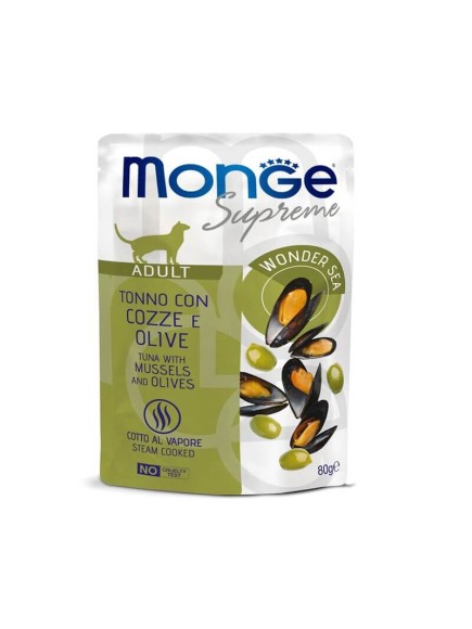 Паучи Monge Supreme Pouch для взрослых кошек с тунцом, мидиями и оливками 80 г (24 шт.)