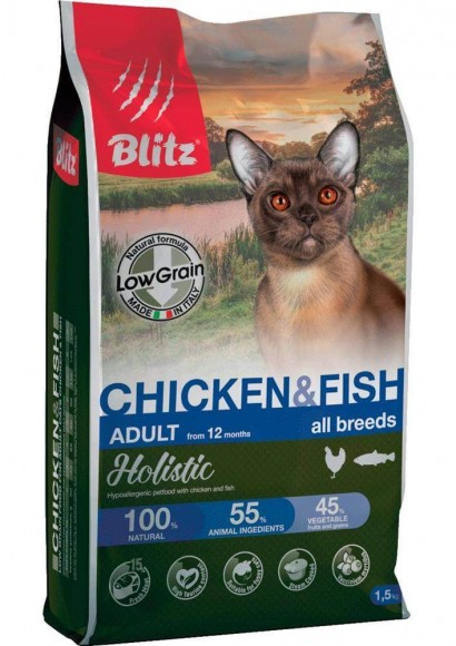Низкозерновой корм Blitz Adult Cat Chicken & Fish для взрослых кошек  (курица и рыба)